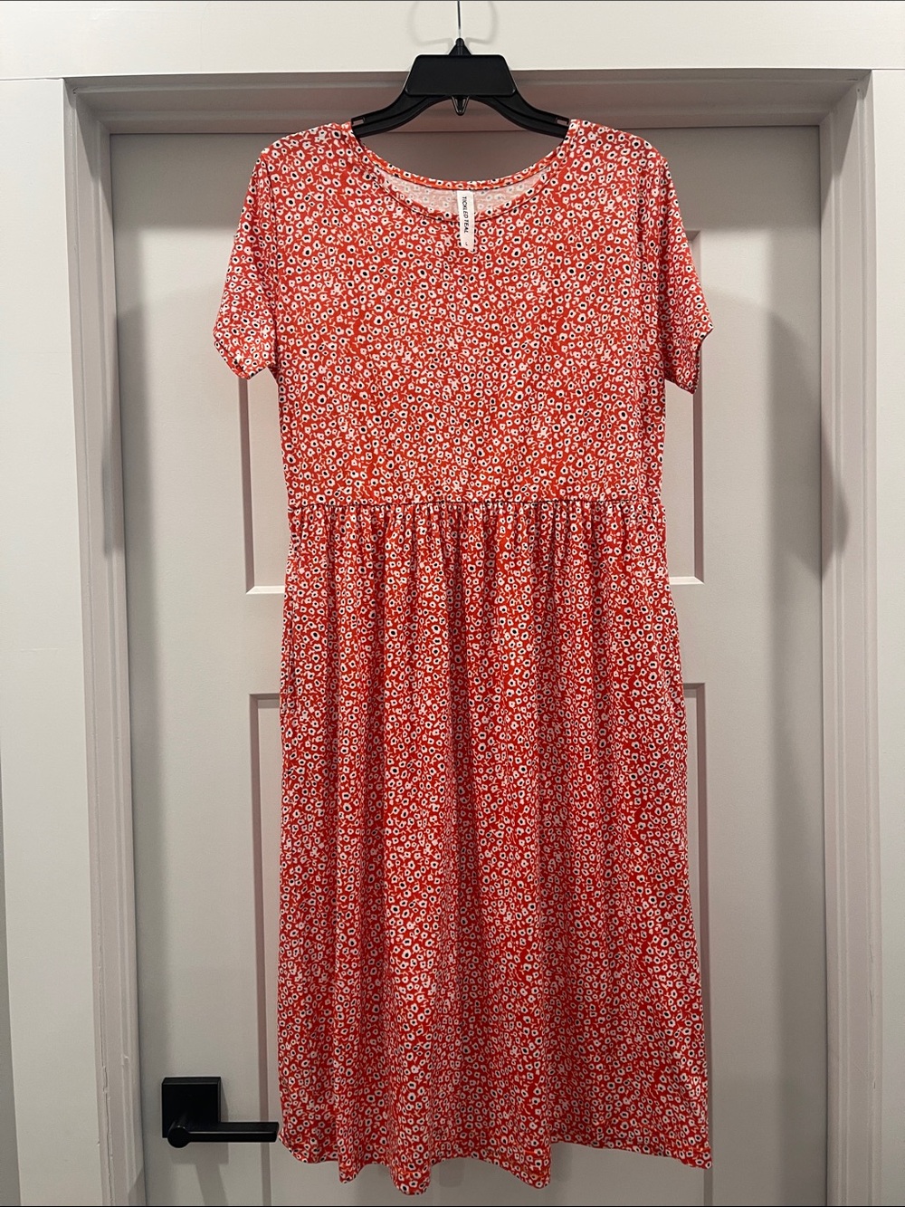Tickled teal Womens Red Floral Short-Sleeve Gathered-Waist Dress